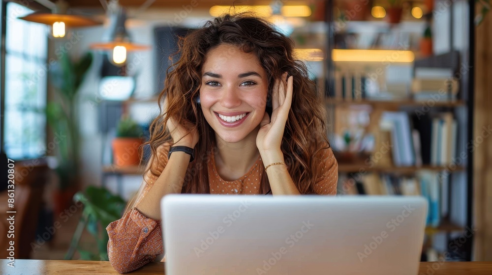 Happy woman with curly hair smiling at the camera, working on a laptop in a cozy, modern workspace with bookshelves and plants in the background. Happy woman with curly hair smiling at the camera, working on a laptop in a cozy, modern workspace with bookshelves and plants in the background.