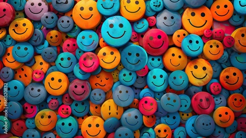 Colorful smiley face candies with different expressions arranged in a cheerful and playful pattern