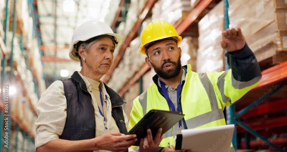 Tablet, checklist and warehouse team for inventory with shipping information inspection for delivery. Ecommerce, clipboard and industry people with digital technology for supply chain stock. Tablet, checklist and warehouse team for inventory with shipping information inspection for delivery. Ecommerce, clipboard and industry people with digital technology for supply chain stock.