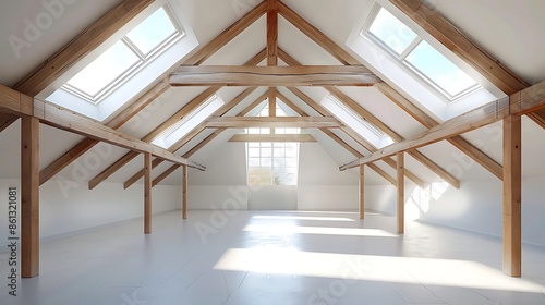 Spacious empty attic room with wooden beams and skylights, ready for transformation into a functional living space, ideal for renovation and real estate concepts. 