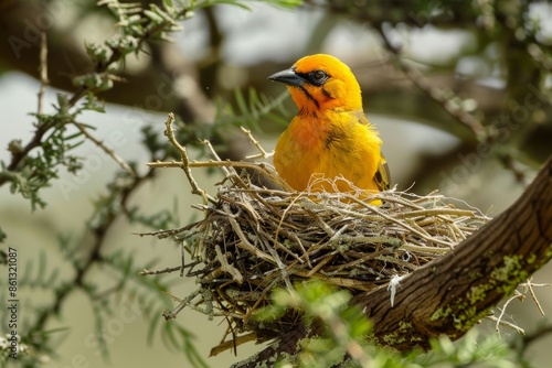 Speke's weaver (Ploceus spekei) (male) at nest, Laikipia County, Kenya photo