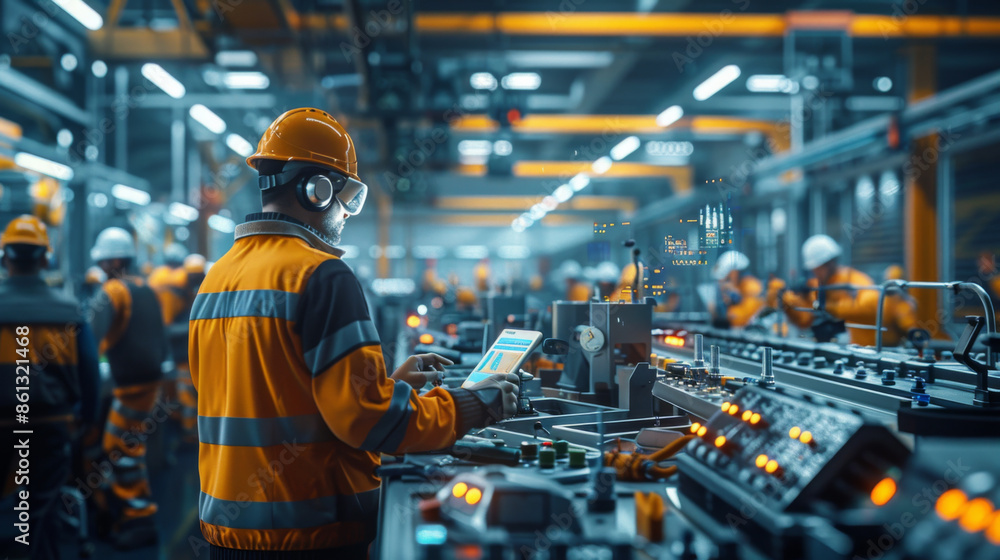 Industrial engineer with tablet in hand, overseeing operations in a high-tech factory, surrounded by machinery and workers. Industrial engineer with tablet in hand, overseeing operations in a high-tech factory, surrounded by machinery and workers.
