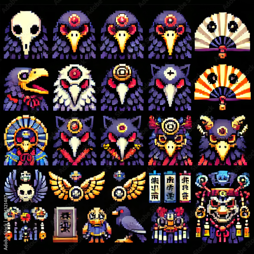 A sprite sheet in pixel art style for a Japanese RPG featuring crow tengu icons A sprite sheet in pixel art style for a Japanese RPG featuring crow tengu icons