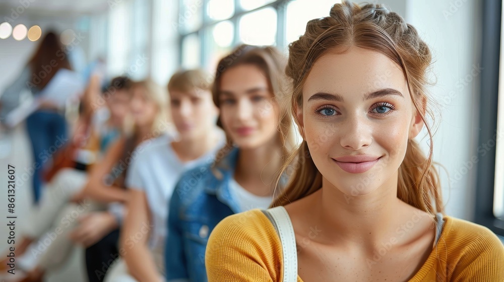Fototapeta premium A cheerful young woman with long hair smiling in a bright room with peers blurred in the background, capturing a moment of happiness and youthful energy in a lively setting.