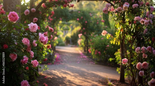 pathway lined with vibrant roses, leading to a charming garden archway, Roses bordering the path © Denis