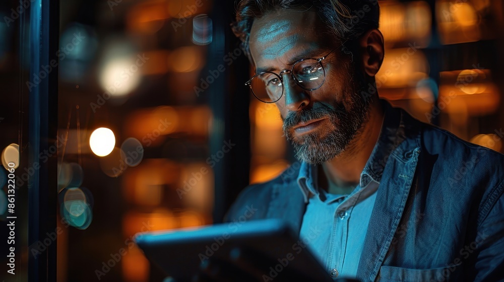 A man stands by a window reading a tablet in a room illuminated by ambient warm lighting, capturing a moment of contemplation and peaceful solitude in a modern setting. A man stands by a window reading a tablet in a room illuminated by ambient warm lighting, capturing a moment of contemplation and peaceful solitude in a modern setting.