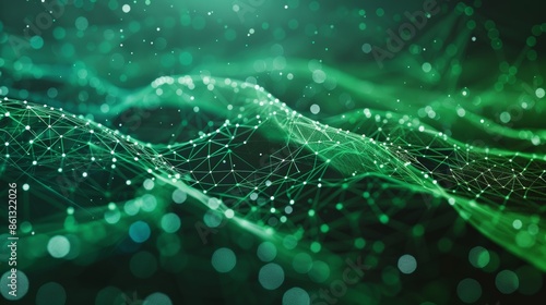 An abstract geometric illustration of a green data icon made of interconnected lines and dots, representing the flow and connectivity of digital information.