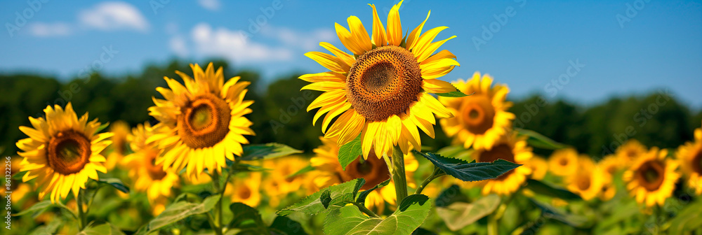 beautiful yellow sunflowers outside on a blue sky background beautiful yellow sunflowers outside on a blue sky background