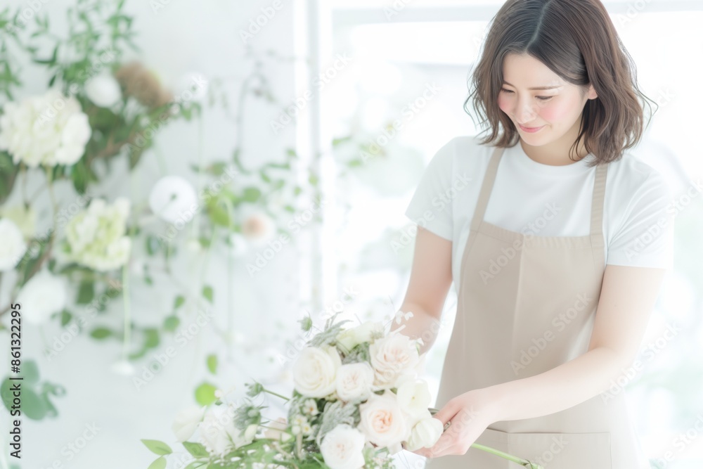 Asian Florist Arranging Elegant White Roses in Bright Workshop Asian Florist Arranging Elegant White Roses in Bright Workshop