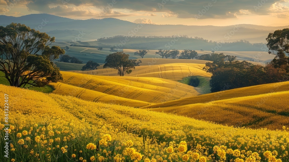 Obraz premium The setting sun casts a warm glow over the endless sea of yellow canola blossoms