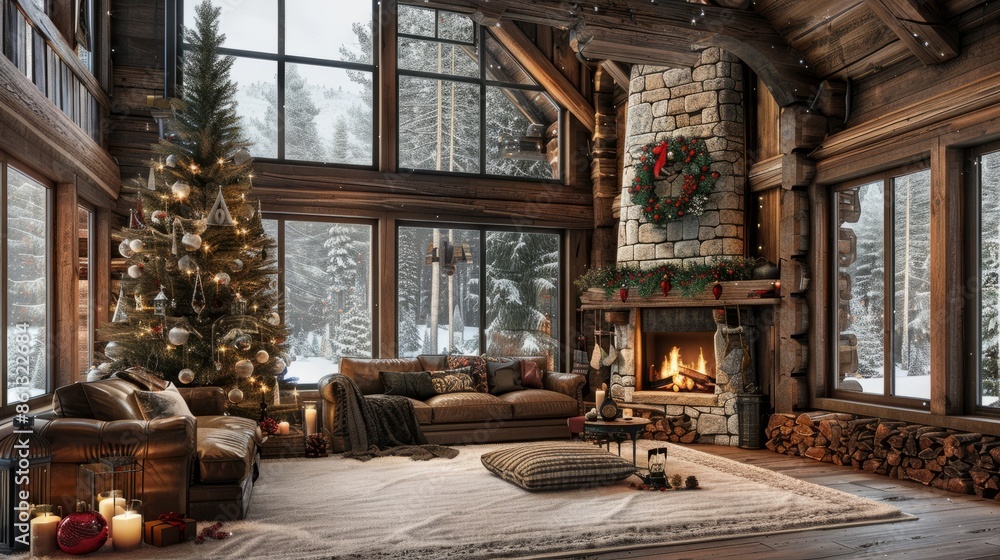 Interior room with wooden wall Christmas tree and fireplace creating a cozy holiday ambiance Interior room with wooden wall Christmas tree and fireplace creating a cozy holiday ambiance