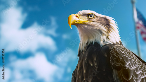 american symbol of bald eagle with blue sky and american flag in the distance, magnificent proud pose, copy space, concept of american freedom and independence