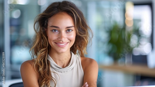 A smiling young woman with soft curled hair, seated at a desk in a modern office setting, radiating positivity and professionalism, surrounded by bright and airy decor. Free Download A smiling young woman with soft curled hair, seated at a desk in a modern office setting, radiating positivity and professionalism, surrounded by bright and airy decor. - GFXLoad