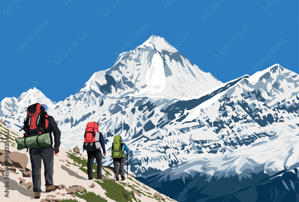 Mount Dhaulagiri peak as seen near Thorung La pass and three hikers, Mount Annapurna circuit trekking trail, vector illustration, Nepal Himalayas mountains Mount Dhaulagiri peak as seen near Thorung La pass and three hikers, Mount Annapurna circuit trekking trail, vector illustration, Nepal Himalayas mountains