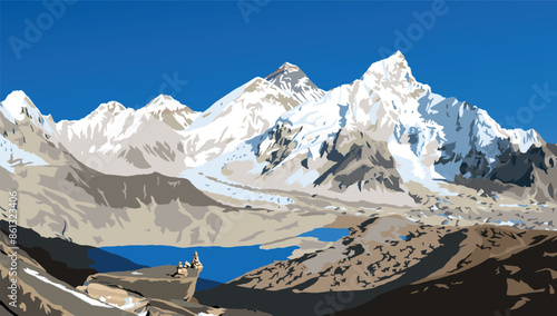 mount Everest and Nuptse from Nepal side as seen from Kala Patthar peak with stone pyramid, vector illustration, Mt Everest 8,848 m, Khumbu valley, Sagarmatha national park, Nepal Himalayas mountains