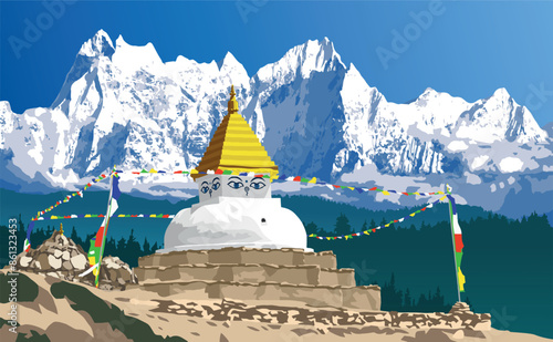 Buddhist stupa or chorten, way to Mt Everest base camp, himalayas mountains, buddhism in Khumbu valley under mount Everest, Nepal
