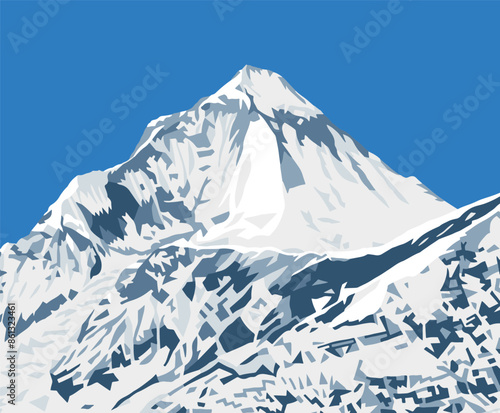 Mount Dhaulagiri peak as seen near Thorung La pass, Mount Annapurna circuit trekking trail, vector illustration, Nepal Himalayas mountains