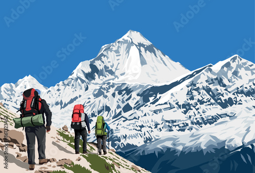 Mount Dhaulagiri peak as seen near Thorung La pass and three hikers, Mount Annapurna circuit trekking trail, vector illustration, Nepal Himalayas mountains