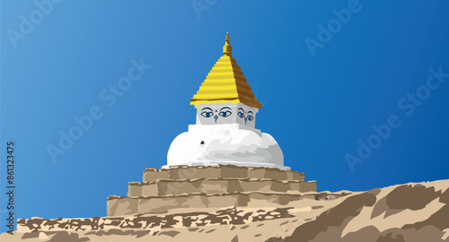 Buddhist stupa or chorten isolated on blue sky background, Buddhism in Nepal, made according to stupa near Dingboche village, Khumbu valley near mount Everest