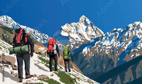 mount Nanda Devi vector illustration with three hikers, one of the best mounts in Indian Himalaya, seen from Joshimath Auli,  Uttarakhand, India, Indian Himalayas mountains
