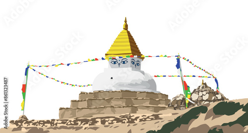 Buddhist stupa or chorten with prayer flags isolated on white background, Buddhism in Nepal