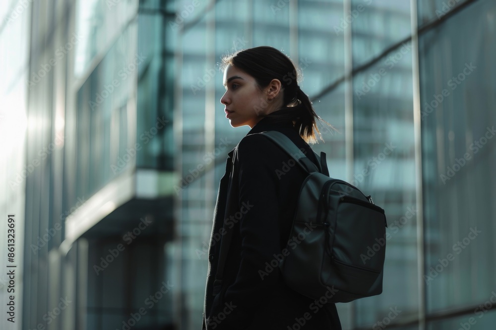 Confident Businesswoman Walking in Urban Environment with Backpack