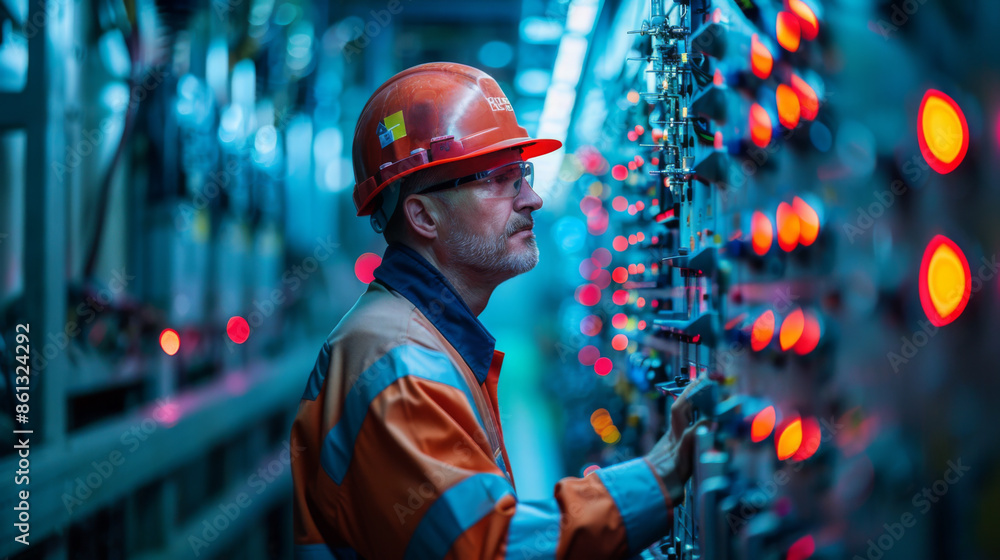Industrial engineer wearing a hard hat inspects a complex control panel with illuminated indicators in a high-tech facility.