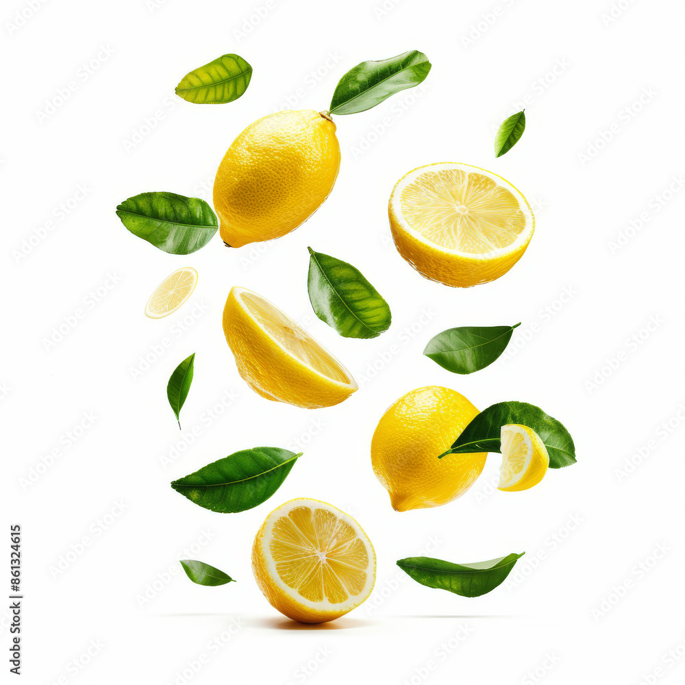 A creative set featuring fresh raw whole and cut lemons with green leaves, suspended in the air against a white background. This high-resolution image captures the concept of food levitation. A creative set featuring fresh raw whole and cut lemons with green leaves, suspended in the air against a white background. This high-resolution image captures the concept of food levitation.