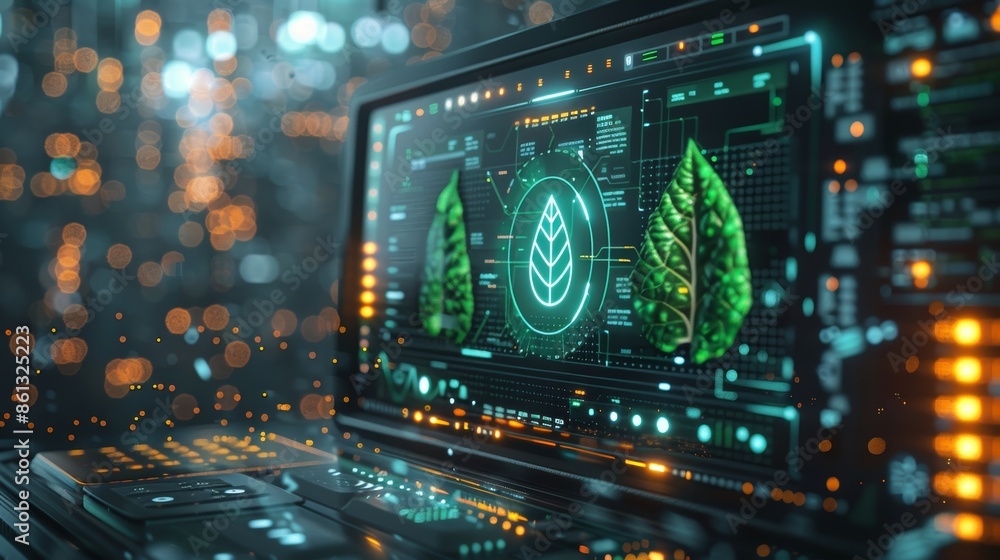 Obraz premium A futuristic illustration of a green energy icon displayed on a monitor, highlighting the importance of renewable energy sources.
