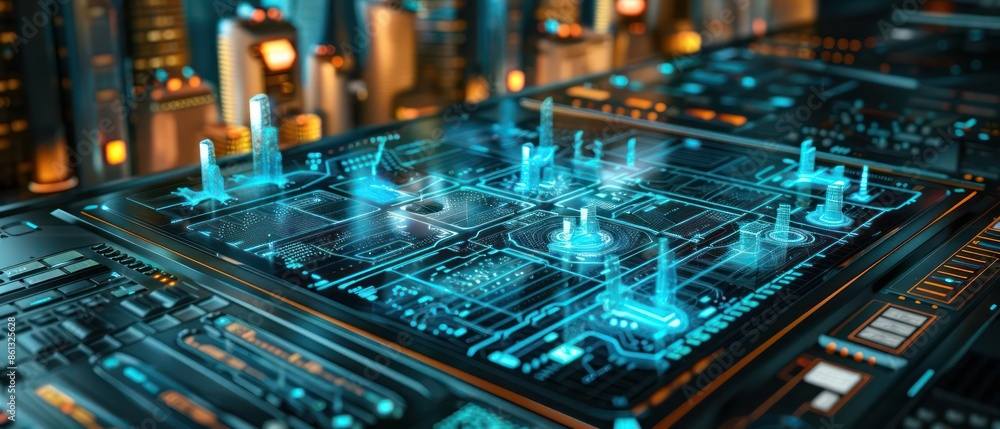 Closeup of a holographic display showing the inner workings of an animal robot in a modern lab with room for copy Closeup of a holographic display showing the inner workings of an animal robot in a modern lab with room for copy