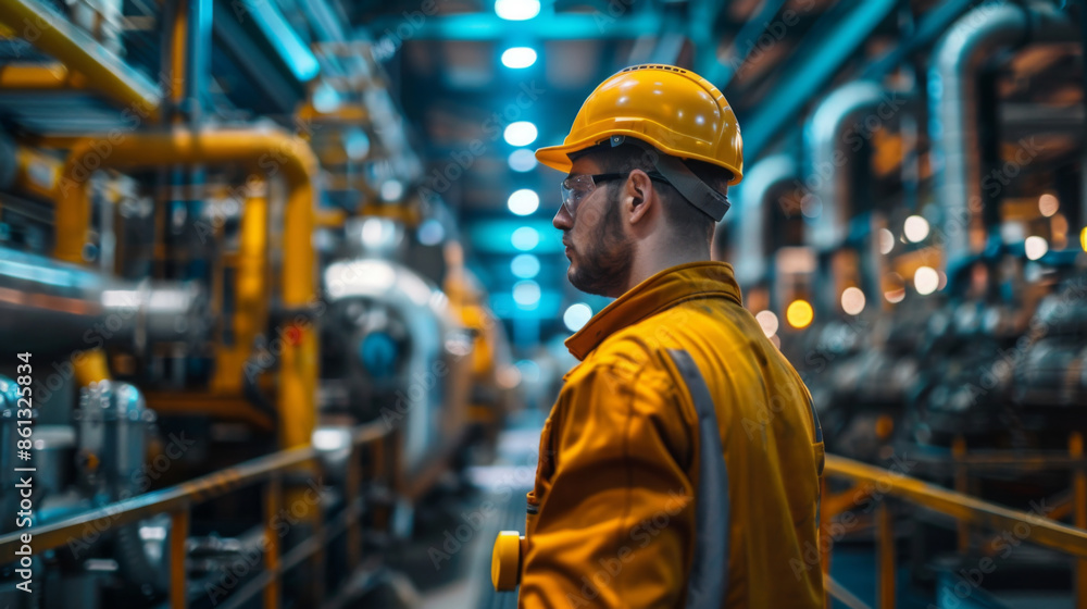 Engineer in a hard hat and safety glasses supervises operations in a brightly lit, high-tech industrial factory. Engineer in a hard hat and safety glasses supervises operations in a brightly lit, high-tech industrial factory.