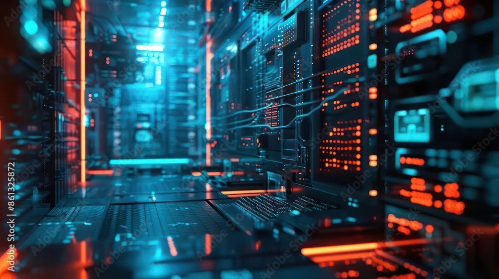 Closeup of a supercomputers data processing unit in a futuristic setting with space for text Closeup of a supercomputers data processing unit in a futuristic setting with space for text