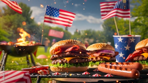 Traditional Fourth of July background with a barbecue picnic scene, including hot dogs, hamburgers, and American flags