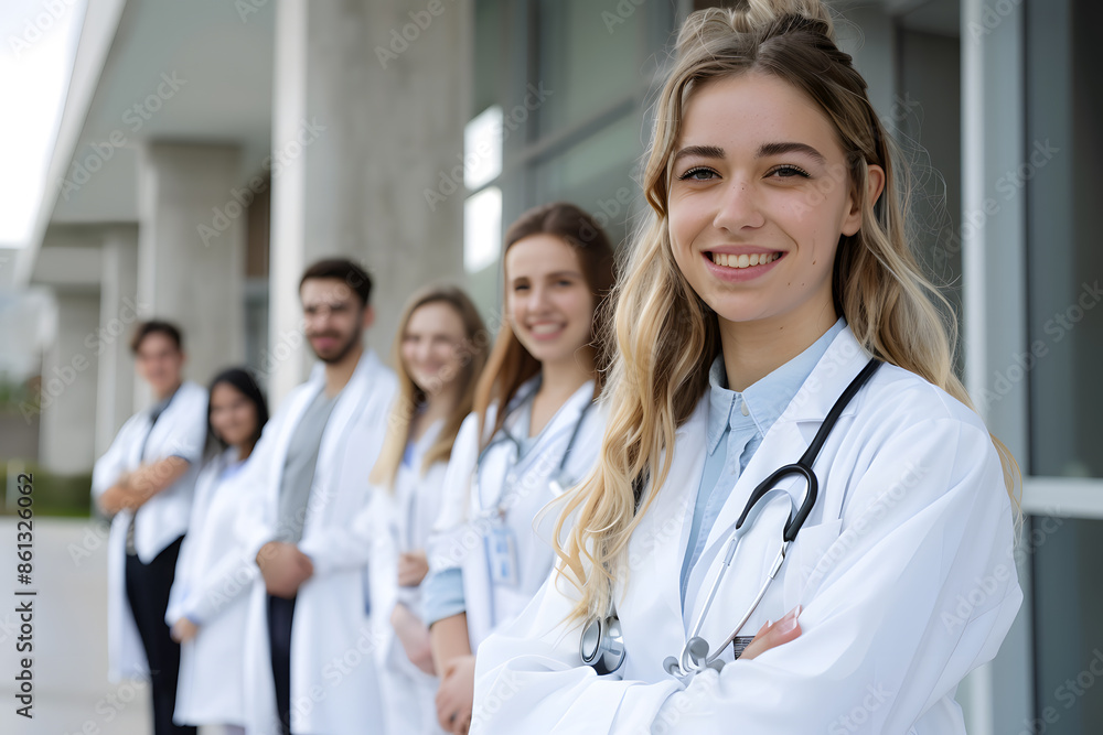 Portrait of happy young nurse in uniform with healthcare team in background. Successful team of doctor and nurses smiling. Beautiful and satisfied healthcare worker in private clinic looking at camera Portrait of happy young nurse in uniform with healthcare team in background. Successful team of doctor and nurses smiling. Beautiful and satisfied healthcare worker in private clinic looking at camera