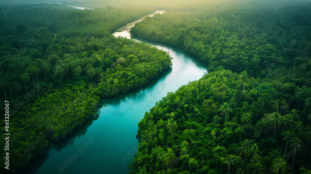 Aerial view of river in a green forest or jungles. Wild nature environment concept. Generative AI Aerial view of river in a green forest or jungles. Wild nature environment concept. Generative AI