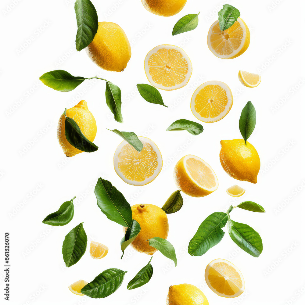 A creative set featuring fresh raw whole and cut lemons with green leaves, suspended in the air against a white background. This high-resolution image captures the concept of food levitation. A creative set featuring fresh raw whole and cut lemons with green leaves, suspended in the air against a white background. This high-resolution image captures the concept of food levitation.