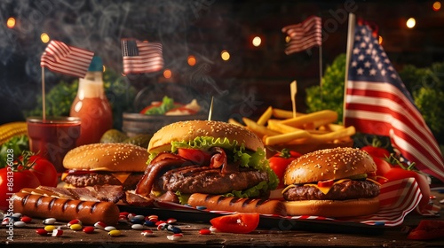 Traditional Fourth of July background with a barbecue picnic scene, including hot dogs, hamburgers, and American flags