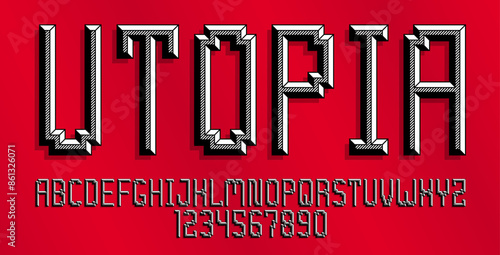 Minimal geometric cyberpunk font with facet effect, vector typeface in geometry volume style, future technology 3D urban beveled typography, alphabet letters and numbers.