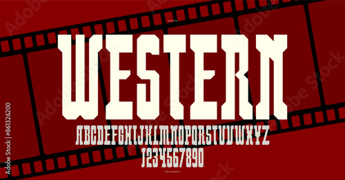 Wild west American style geometric massive tall and bold font for logos, western serif letters alphabet, condensed typeface like in wanted posters.