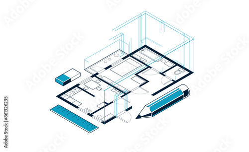 Floorplan implementation drawing with pencil, flat plan residential house or apartment blueprint, 3D isometric vector illustration, interior design project top view.