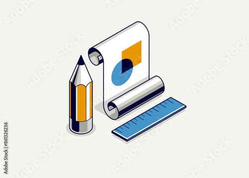Engineering project concept, paper document blueprint with pencil engineer work job vector 3D isometric illustration, abstract plan drawing, cad scheme icon.