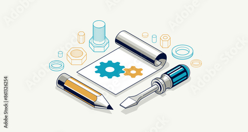 Mechanical engineering project in embodiment implementation concept, engine draft plan drawing and work progress, paper sheet with gears, tools and pencil 3D isometric vector illustration.