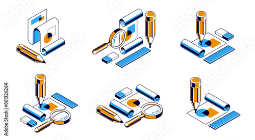 Engineering project concept set, paper document blueprint with pencil engineer work job vector 3D isometric illustration, abstract plan drawing, cad scheme icon.