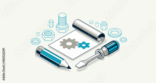 Mechanical engineering project in embodiment implementation concept, engine draft plan drawing and work progress, paper sheet with gears, tools and pencil 3D isometric vector illustration.