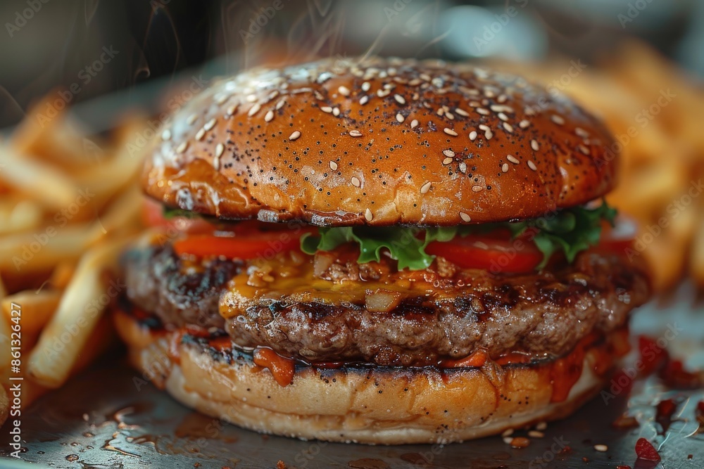 A close-up shot of a juicy cheeseburger with fresh vegetables and a golden sesame bun, accompanied by crispy fries, capturing the essence of a satisfying meal.