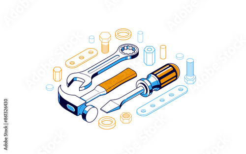 Repair and maintenance concept, technics service, gears and tools in 3D isometric projection vector illustration, technical mechanical workshop.