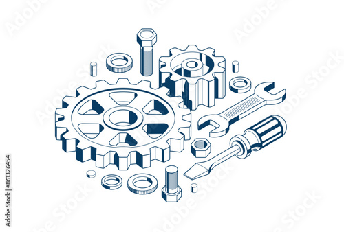 Repair and maintenance concept, technics service, gears and tools in 3D isometric projection vector illustration, technical mechanical workshop.