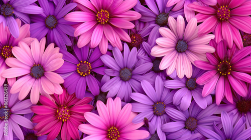 A symphony of pink and purple daisies in full bloom. A vibrant close-up of a variety of pink and purple daisies, showcasing their delicate petals and contrasting colors