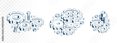 Mechanical engineering concept set, gears and cogs composition isometric 3D vector illustration, cogwheels system technology and technics machinery engine.