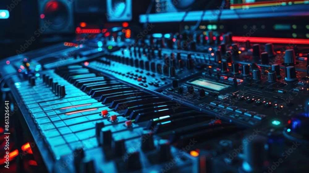 Conceptual digital control panel for music production in a futuristic studio with room for text Conceptual digital control panel for music production in a futuristic studio with room for text